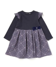 BeBe Petits Pois Vert / ベベ プチ ポワ ヴェール ミニ丈・ひざ丈ワンピース | 【お揃い】チェック柄裏毛ベロアリボンタックワンピース(95~150cm)