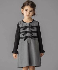 BeBe Petits Pois Vert / ベベ プチ ポワ ヴェール ミニ・ひざ丈スカート | 3段リボンAラインジャンパースカート(95~150cm)