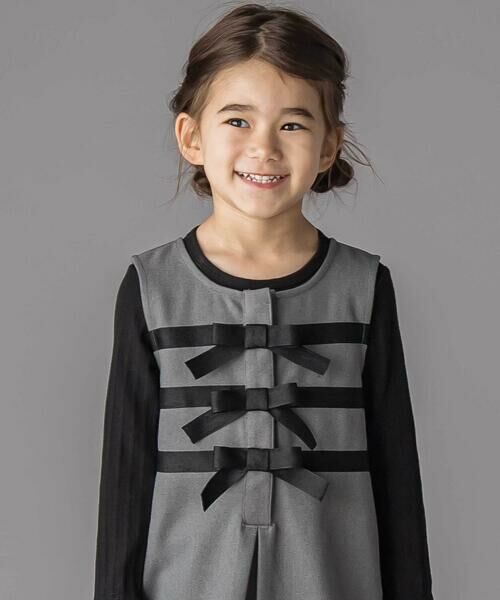 BeBe Petits Pois Vert / ベベ プチ ポワ ヴェール ミニ・ひざ丈スカート | 3段リボンAラインジャンパースカート(95~150cm) | 詳細5