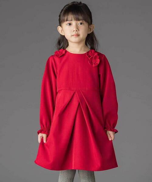 BeBe Petits Pois Vert / ベベ プチ ポワ ヴェール ミニ丈・ひざ丈ワンピース | 立体花モチーフ斜めタックワンピース(95~150cm) | 詳細3