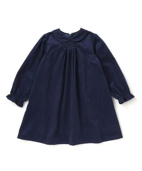 BeBe Petits Pois Vert/ベベ プチ ポワ ヴェール 胸元シャーリングコール天ワンピース(95~150cm) ネイビー 120cm