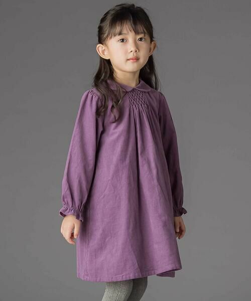 BeBe Petits Pois Vert/ベベ プチ ポワ ヴェール 胸元シャーリングコール天ワンピース(95~150cm) パープル 120cm
