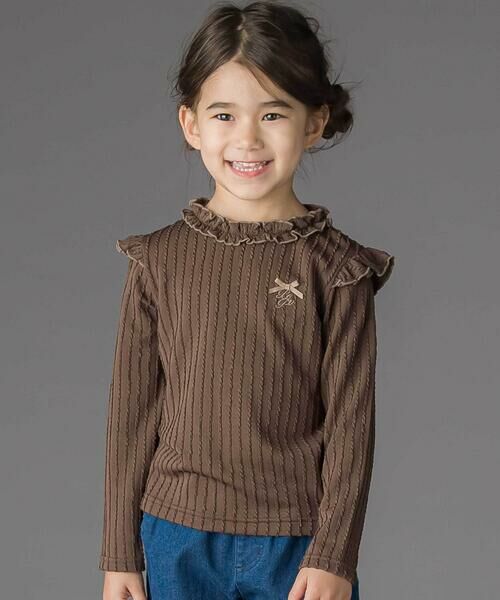 BeBe Petits Pois Vert / ベベ プチ ポワ ヴェール Tシャツ | 【店舗限定】メロウフリル立体リブ長袖Tシャツ(95~150cm)(ブラウン)