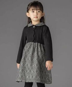 BeBe Petits Pois Vert / ベベ プチ ポワ ヴェール ミニ丈・ひざ丈ワンピース | ニットリブ+レース起毛ドッキング長袖ワンピース(95~150cm)