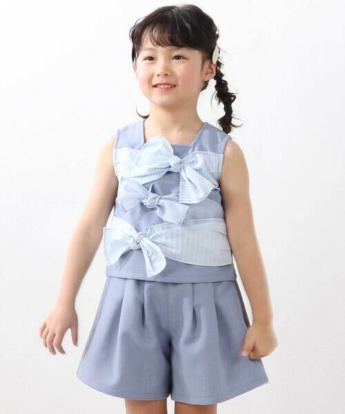 BeBe Petits Pois Vert / ベベ プチ ポワ ヴェール その他トップス | ストライプリボンセットアップ(95~150cm)（ブルー）