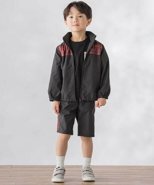 BeBe Petits Pois Vert / ベベ プチ ポワ ヴェール ブルゾン | 【お揃い】タフタ+チェック切り替えジップアップブルゾン(95~150cm) | 詳細1