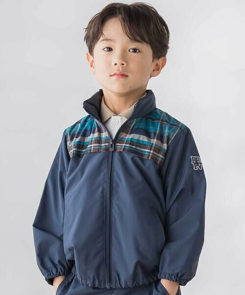 BeBe Petits Pois Vert / ベベ プチ ポワ ヴェール ブルゾン | 【お揃い】タフタ+チェック切り替えジップアップブルゾン(95~150cm)(ネイビー系)