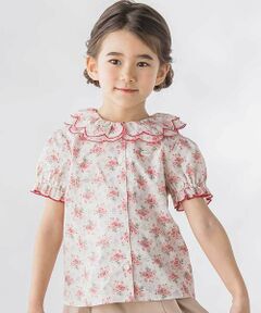 BeBe Petits Pois Vert / ベベ プチ ポワ ヴェール シャツ・ブラウス | バラ柄スカラップ襟半袖ブラウス(95~150cm)