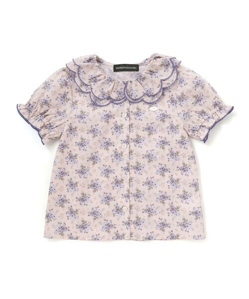 BeBe Petits Pois Vert / ベベ プチ ポワ ヴェール シャツ・ブラウス | バラ柄スカラップ襟半袖ブラウス(95~150cm)（ブルー系）