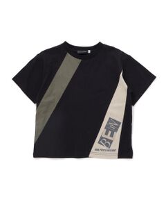 BeBe Petits Pois Vert / ベベ プチ ポワ ヴェール Tシャツ | ダイナミック斜め切り替えロゴTシャツ(95~150cm)