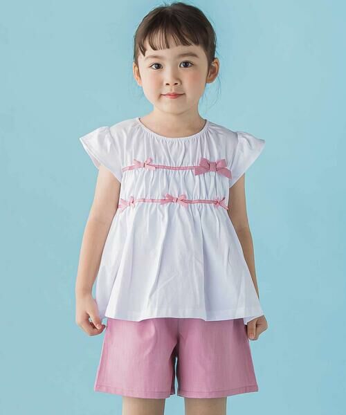 BeBe Petits Pois Vert / ベベ プチ ポワ ヴェール その他トップス | 【店舗限定】リボントップス＋キュロットパンツセットアップ(95〜150cm)（ピンク系）