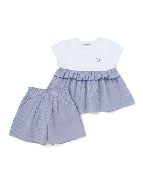 BeBe Petits Pois Vert / ベベ プチ ポワ ヴェール その他トップス | 【店舗限定】ストライプ切り替えトップス＋ショートパンツセットアップ(95〜150cm)（ネイビー系）