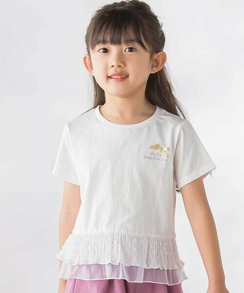 BeBe Petits Pois Vert / ベベ プチ ポワ ヴェール Tシャツ | 【店舗限定】切り替え天竺フリル半袖Tシャツ(95〜160cm)（ホワイト）