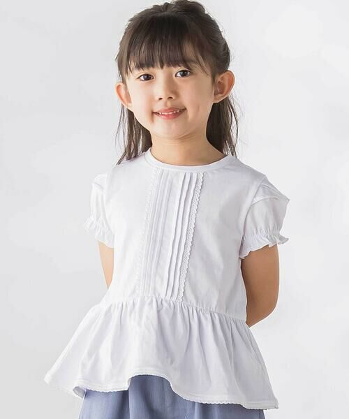 BeBe Petits Pois Vert / ベベ プチ ポワ ヴェール Tシャツ | 【店舗限定】レースタックフレア天竺半袖Tシャツ(95〜150cm)（ホワイト）