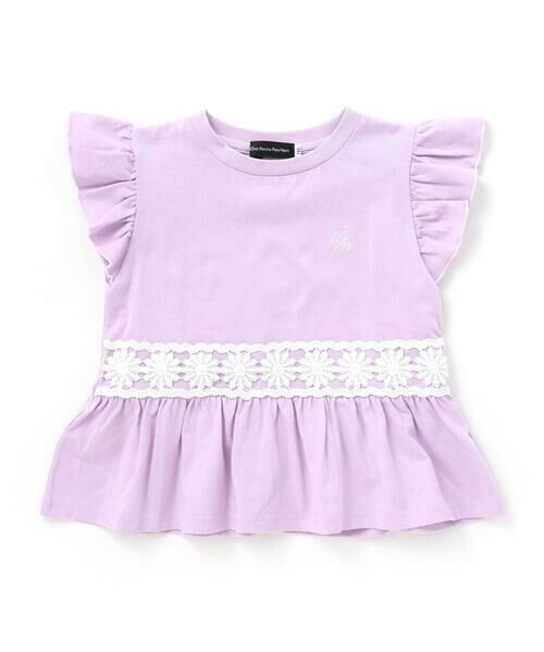 BeBe Petits Pois Vert / ベベ プチ ポワ ヴェール Tシャツ | フラワーレース切替フリルスリーブＴシャツ(95~160cm)（パープル）