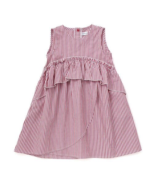 BeBe Petits Pois Vert / ベベ プチ ポワ ヴェール ミニ丈・ひざ丈ワンピース | 【店舗限定】ストライプアシンメトリーワンピース(95〜160cm)(レッド系)