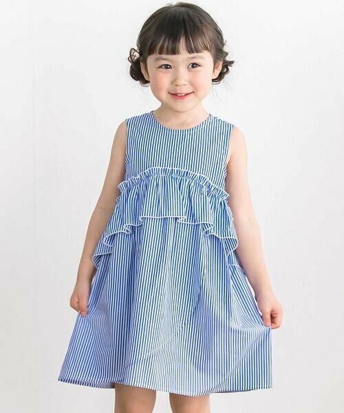 BeBe Petits Pois Vert / ベベ プチ ポワ ヴェール ミニ丈・ひざ丈ワンピース | 【店舗限定】ストライプアシンメトリーワンピース(95〜160cm)(ブルー系)