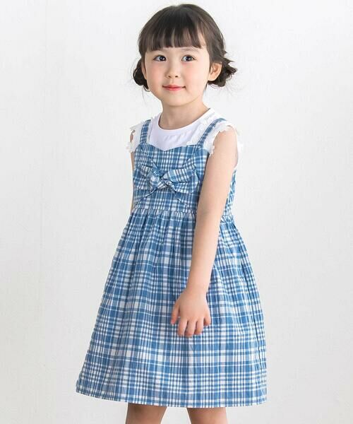 BeBe Petits Pois Vert / ベベ プチ ポワ ヴェール ミニ丈・ひざ丈ワンピース | 【店舗限定】チェックリボンワンピース(95~150cm)（ブルー系）