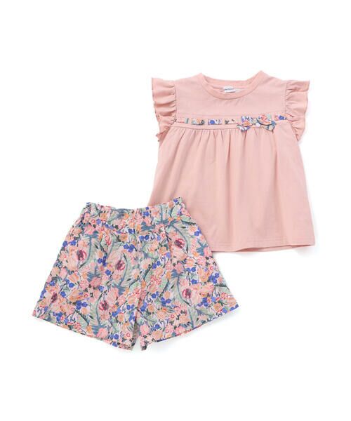 BeBe Petits Pois Vert / ベベ プチ ポワ ヴェール その他トップス | 【店舗限定】フラワーリボンフリルトップス＆ショートパンツセット(95〜150cm)（ピンク系）