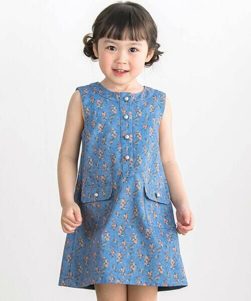 BeBe Petits Pois Vert / ベベ プチ ポワ ヴェール ミニ丈・ひざ丈ワンピース | 【店舗限定】フラワープリント ノースリーブワンピース(95〜150cm)(ブルー系)