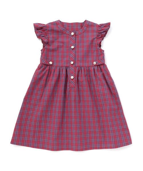 BeBe Petits Pois Vert / ベベ プチ ポワ ヴェール ミニ丈・ひざ丈ワンピース | 【店舗限定】【お揃い】クラシカルチェック柄フリルワンピース(95〜150cm)(ピンク系)