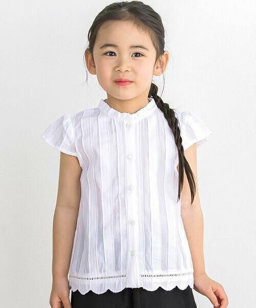 BeBe Petits Pois Vert / ベベ プチ ポワ ヴェール シャツ・ブラウス | 【店舗限定】立体ストライプ裾スカラップブラウス(95〜150cm)（ホワイト）