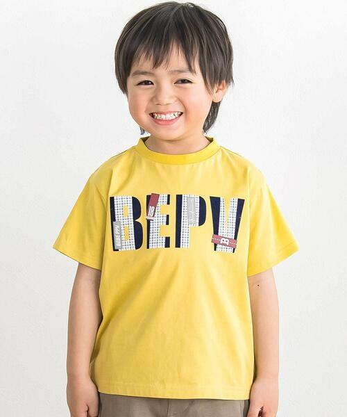 BeBe Petits Pois Vert / ベベ プチ ポワ ヴェール Tシャツ | 【店舗限定】グラフィックチェックロゴ 半袖Tシャツ(100〜150cm)（イエロー）