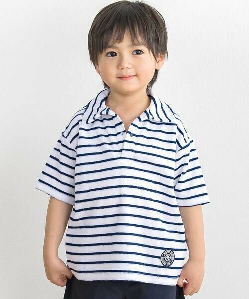 BeBe Petits Pois Vert / ベベ プチ ポワ ヴェール Tシャツ | 【店舗限定】ボーダーデザイン パイルポロシャツ(100〜150cm)（ネイビー系）