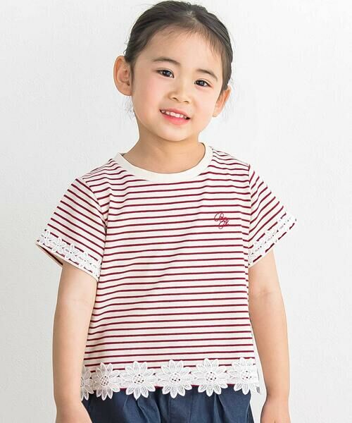 BeBe Petits Pois Vert / ベベ プチ ポワ ヴェール Tシャツ | 【店舗限定】ボーダー花レースTシャツ(95~160cm)（レッド系）