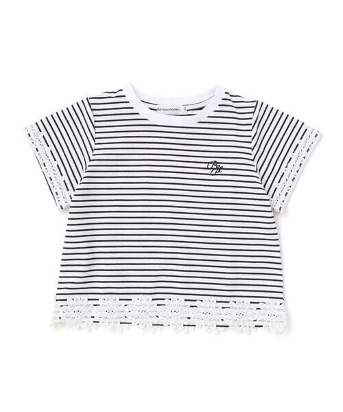 BeBe Petits Pois Vert / ベベ プチ ポワ ヴェール Tシャツ | 【店舗限定】ボーダー花レースTシャツ(95~160cm)（ブラック系）