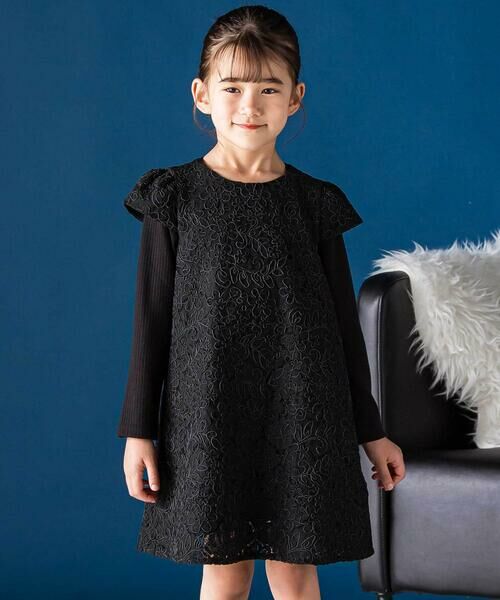 BeBe Petits Pois Vert / ベベ プチ ポワ ヴェール ミニ丈・ひざ丈ワンピース | フラワーレース刺しゅうワンピース(95~150cm)(ブラック)