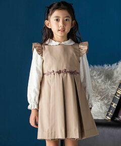 BeBe Petits Pois Vert / ベベ プチ ポワ ヴェール ミニ丈・ひざ丈ワンピース | フリル付きタックリボンポイントジャンパースカート(95~150cm)