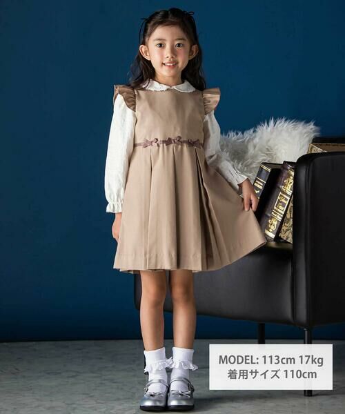 BeBe Petits Pois Vert / ベベ プチ ポワ ヴェール ミニ丈・ひざ丈ワンピース | フリル付きタックリボンポイントジャンパースカート(95~150cm) | 詳細1