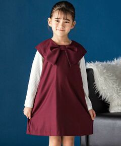BeBe Petits Pois Vert / ベベ プチ ポワ ヴェール ミニ丈・ひざ丈ワンピース | フロントリボンタックジャンパースカート(95~160cm)