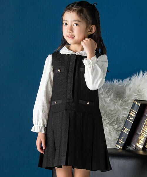 BeBe Petits Pois Vert / ベベ プチ ポワ ヴェール ミニ丈・ひざ丈ワンピース | ツイードプリーツジャンパースカート(95~150cm)(ブラック)