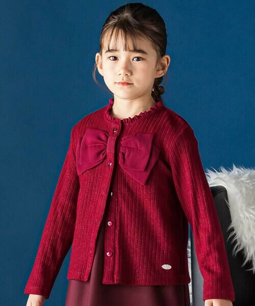 BeBe Petits Pois Vert / ベベ プチ ポワ ヴェール カーディガン・ボレロ | シフォンリボンキラリブ長袖カーディガン(95~150cm)（ボルドー）