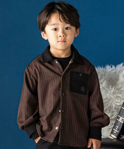 BeBe Petits Pois Vert / ベベ プチ ポワ ヴェール シャツ・ブラウス | ストライプ長袖ジャケットシャツ(95~150cm)(ブラウン系)