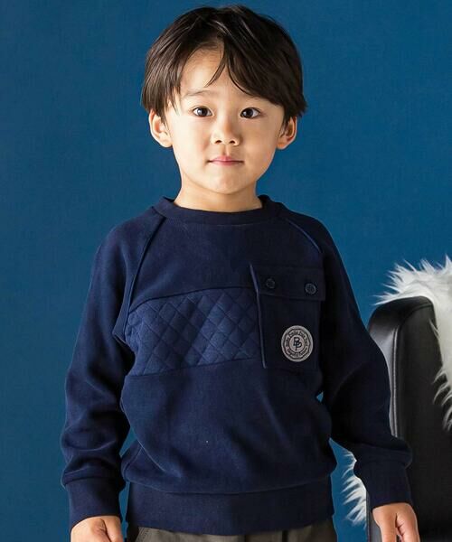 BeBe Petits Pois Vert / ベベ プチ ポワ ヴェール スウェット | ニットリブ&キルト切り替えラグラントレーナー(95~150cm)(ネイビー)