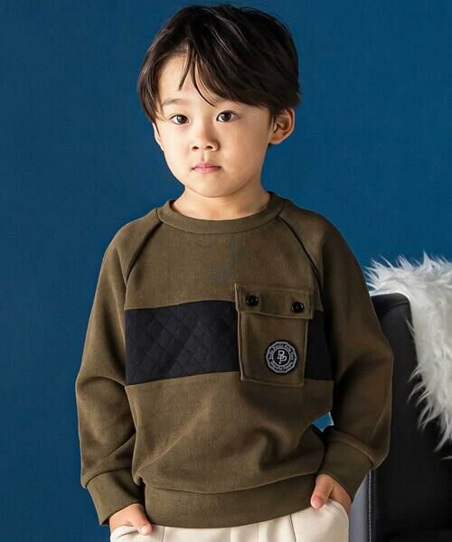 BeBe Petits Pois Vert / ベベ プチ ポワ ヴェール スウェット | ニットリブ&キルト切り替えラグラントレーナー(95~150cm)(グリーン)
