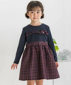 BeBe Petits Pois Vert / ベベ プチ ポワ ヴェール ミニ丈・ひざ丈ワンピース | 【店舗限定】リブ＋チェックドッキング長袖ワンピース(95~150cm)
