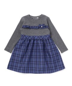 BeBe Petits Pois Vert / ベベ プチ ポワ ヴェール ミニ丈・ひざ丈ワンピース | 【店舗限定】リブ＋チェックドッキング長袖ワンピース(95~150cm)
