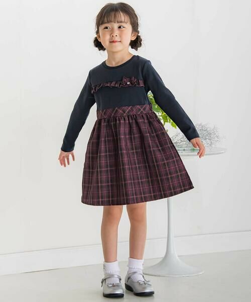 BeBe Petits Pois Vert / ベベ プチ ポワ ヴェール ミニ丈・ひざ丈ワンピース | 【店舗限定】リブ+チェックドッキング長袖ワンピース(95~150cm) | 詳細3