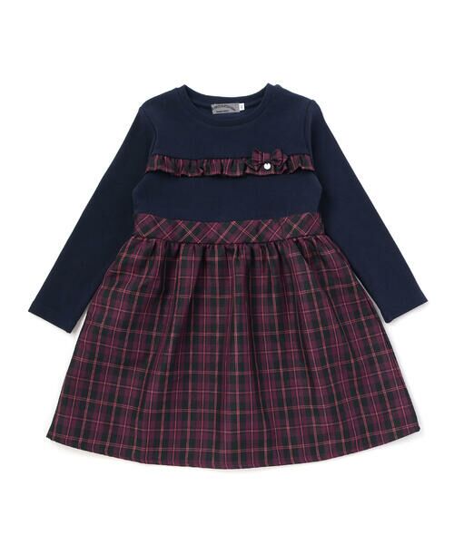 BeBe Petits Pois Vert / ベベ プチ ポワ ヴェール ミニ丈・ひざ丈ワンピース | 【店舗限定】リブ+チェックドッキング長袖ワンピース(95~150cm) | 詳細4