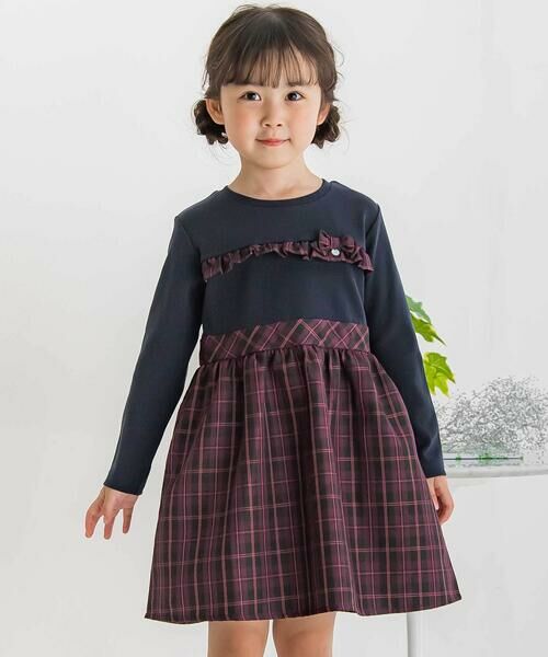 BeBe Petits Pois Vert / ベベ プチ ポワ ヴェール ミニ丈・ひざ丈ワンピース | 【店舗限定】リブ+チェックドッキング長袖ワンピース(95~150cm)(ネイビー系)
