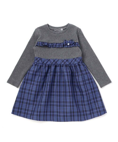 BeBe Petits Pois Vert / ベベ プチ ポワ ヴェール ミニ丈・ひざ丈ワンピース | 【店舗限定】リブ+チェックドッキング長袖ワンピース(95~150cm)(グレー系)