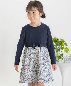 BeBe Petits Pois Vert / ベベ プチ ポワ ヴェール ミニ丈・ひざ丈ワンピース | 【店舗限定】リブ＋ネル花柄ドッキング長袖ワンピース(95~150cm)