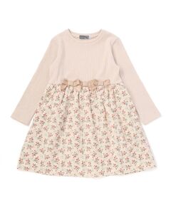 BeBe Petits Pois Vert / ベベ プチ ポワ ヴェール ミニ丈・ひざ丈ワンピース | 【店舗限定】リブ＋ネル花柄ドッキング長袖ワンピース(95~150cm)