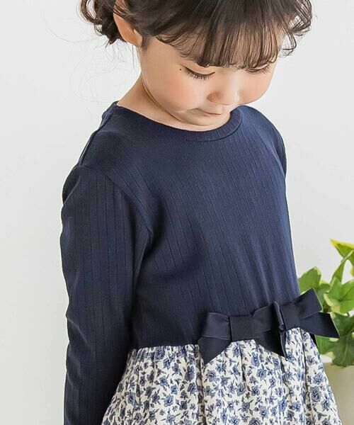 BeBe Petits Pois Vert / ベベ プチ ポワ ヴェール ミニ丈・ひざ丈ワンピース | 【店舗限定】リブ+ネル花柄ドッキング長袖ワンピース(95~150cm) | 詳細3