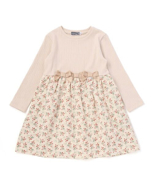 BeBe Petits Pois Vert / ベベ プチ ポワ ヴェール ミニ丈・ひざ丈ワンピース | 【店舗限定】リブ+ネル花柄ドッキング長袖ワンピース(95~150cm)(ベージュ系)