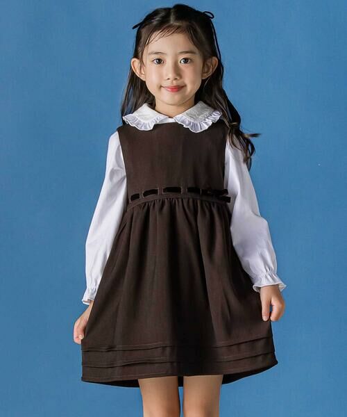 BeBe Petits Pois Vert / ベベ プチ ポワ ヴェール ドレス | 【店舗限定】編み込みリボンジャンパースカート(95~160cm)（ブラウン）